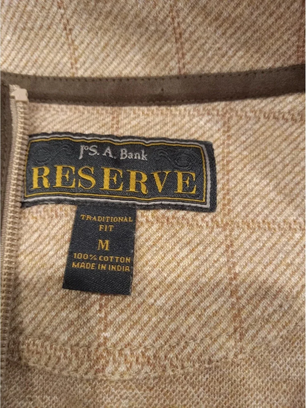 Jos A Bank Reserve 1/4 Zip Sweater Mens Medium Tan Herringbone Checkered